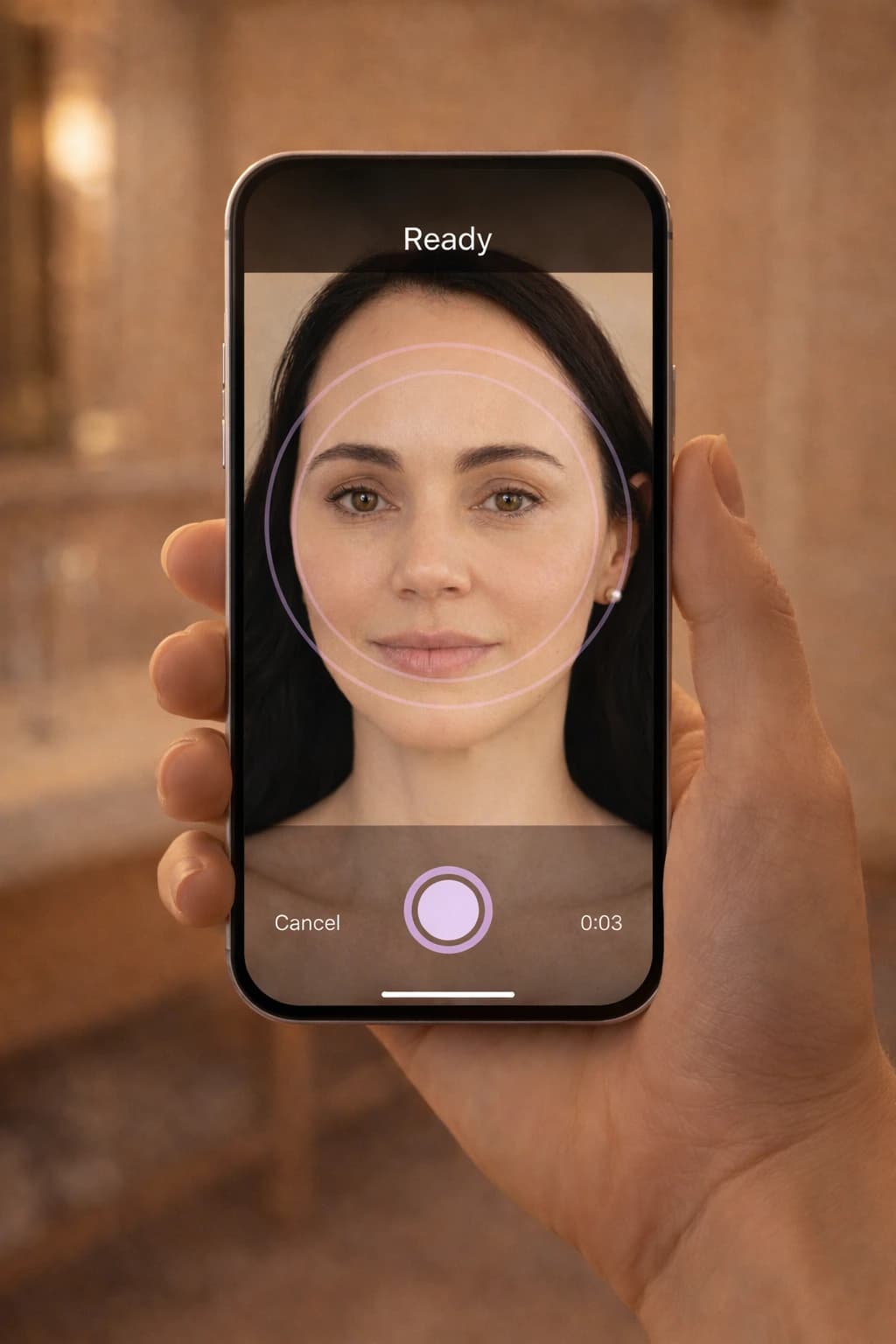 Hand holding iPhone showing Stella skin scanning app in use