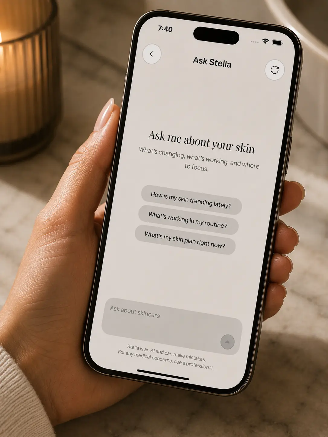 The Ask Stella screen in the app, ready to answer questions from your own skin history